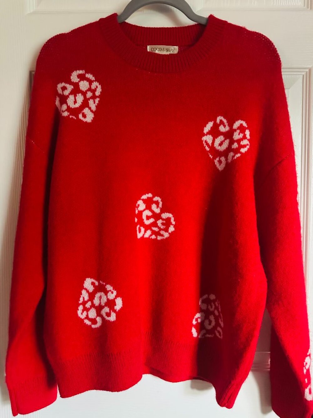 NWT Coco & Shay Red Oversized Crewneck Sweater Leopard Cheetah Print Hearts 1XL